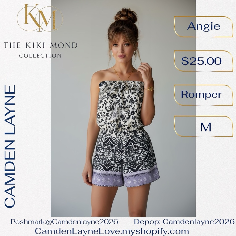 Angie Black, White & Lilac Strapless Boho Romper